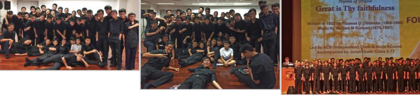 Three photos of a large youth choir in black attire, posing casually and performing on stage under a hymn display screen.